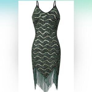 NIB Flapper Sequin Sparkle Dress Fringed Roaring 20s Dress Green